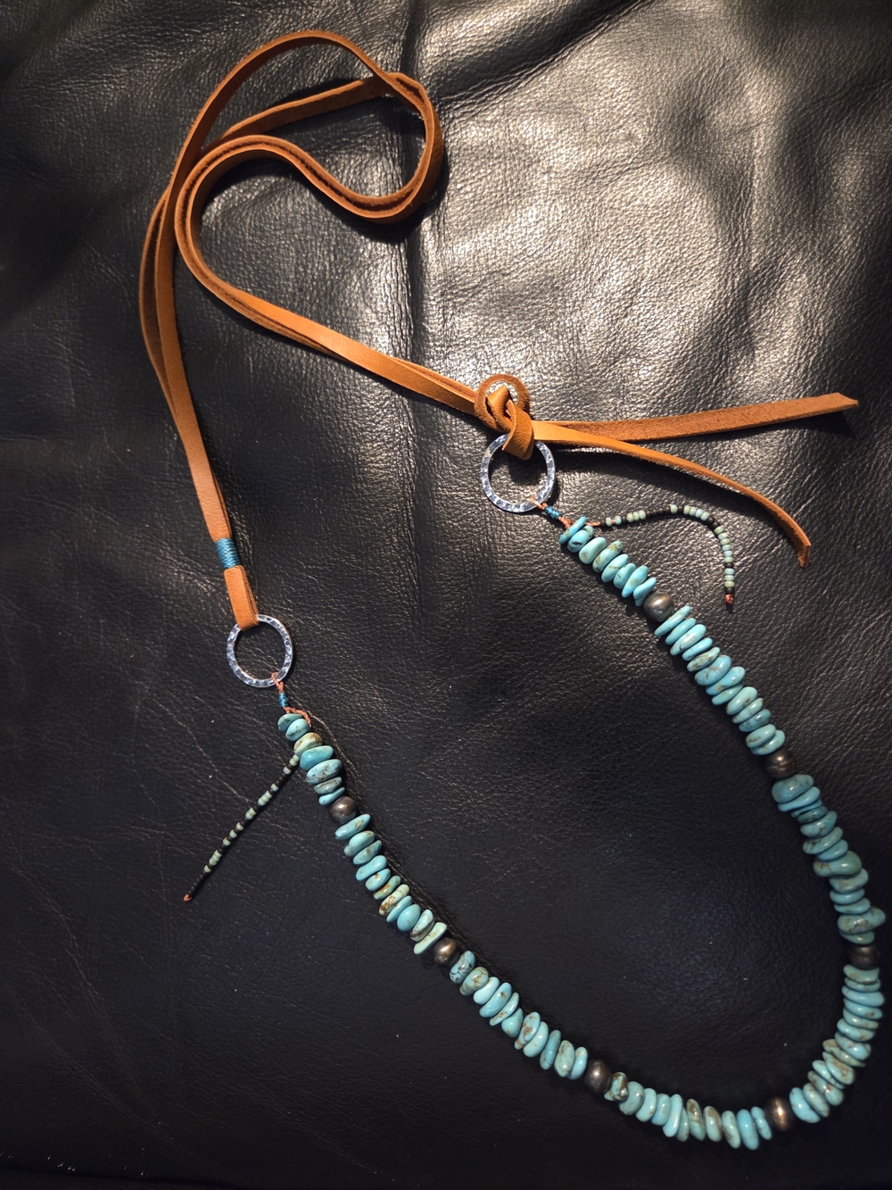 Navajo Natural Turquoise Heishi & Leather Necklace with Fringe Dangles